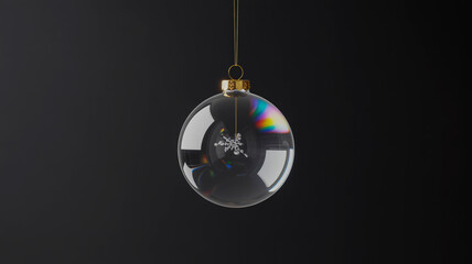 A high-quality product photograph of a clear glass Christmas ornament ball hanging against a pure black background