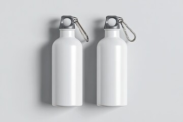 Two identical white metal water bottles, each with a gray metal cap and carabiner clip, sit side-by-side on a light gray background