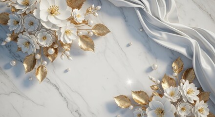 White and gold floral arrangement with pearls on marble background