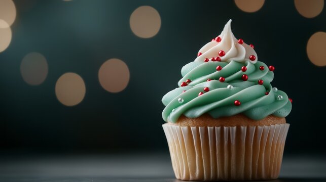 Colorful Cupcake with Green Frosting and Red Sprinkles on a Dark Background with Bokeh Effect