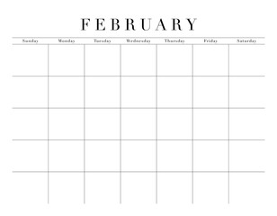 Blank February Month Customizable Calendar Grid, transparent background