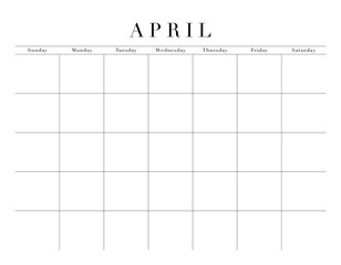 Blank April Month Customizable Calendar Grid, transparent background