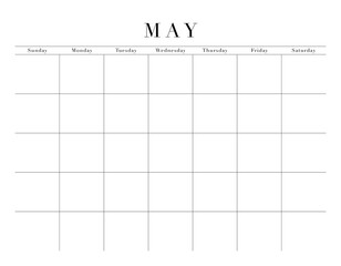 Blank May Month Customizable Calendar Grid, transparent background