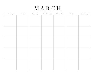 Blank March Month Customizable Calendar Grid, transparent background