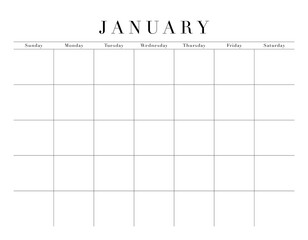Blank January Month Customizable Calendar Grid, transparent background