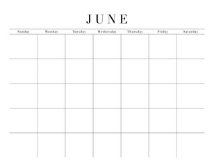 Blank June Month Customizable Calendar Grid, transparent background