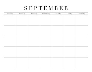 Blank September Month Customizable Calendar Grid, transparent background