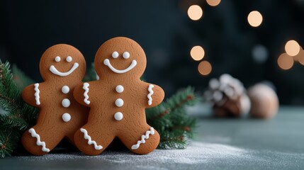 Obraz premium Happy Gingerbread Cookies with Icing and Pine Branches at Festive Holiday Background