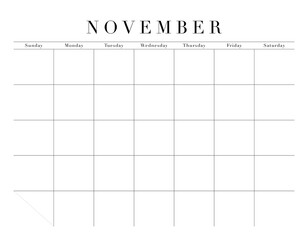 Blank November Month Customizable Calendar Grid, transparent background