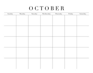 Blank October Month Customizable Calendar Grid, transparent background