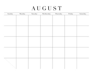 Blank August Month Customizable Calendar Grid, transparent background