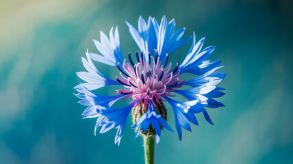 A macro photograph of a single cornflower against a soft turquoise background