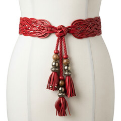 Red woven belt with tassels and beads isolated on transparent background