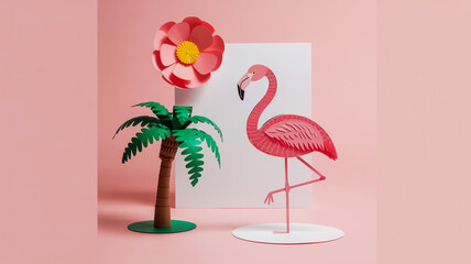 A minimalist paper art composition on a pastel pink background featuring a pink flamingo and a palm tree.