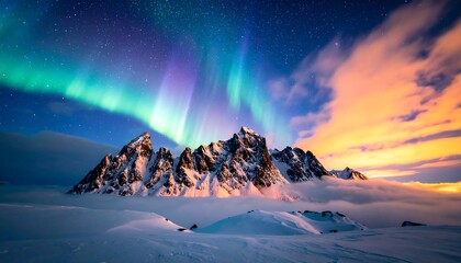 Vibrant aurora borealis displays its colorful curtains over snow-capped peaks and a low cloud layer under a starry sky