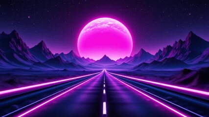 A futuristic neon highway leads to a glowing pink planet under a starry sky with stylized purple mountains. 4k video - Powered by Adobe