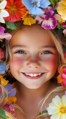 A happy child with a radiant smile, surrounded by colorful flowers, soft sunlight highlighting natural beauty, captured with vibrant and clear details.