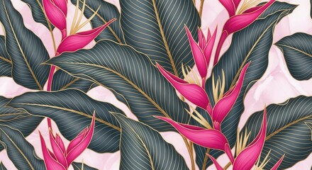 Vibrant pink heliconia flowers with dark green leaves pattern