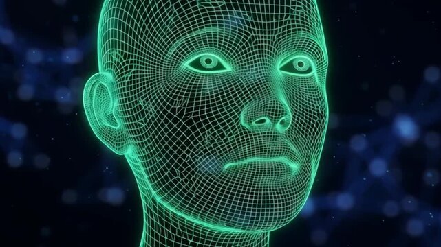 A green 3D wireframe head turns to face forward on a network background.