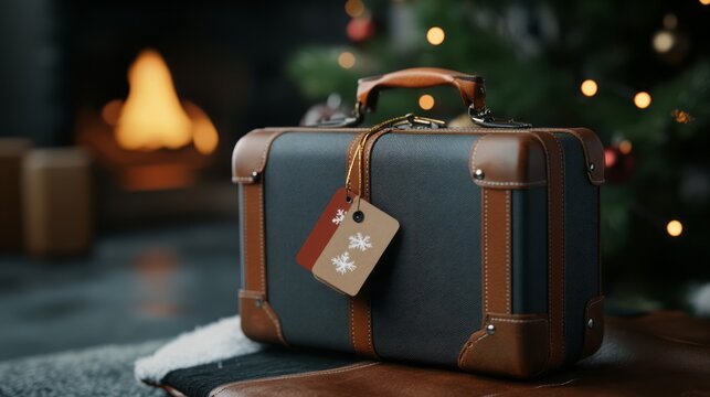 Classic Travel Suitcase with Tags by Cozy Fireplace and Christmas Tree Decorations