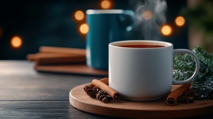 Warm Cup of Coffee with Cinnamon Sticks and Steaming Aroma on Rustic Wooden Surface