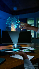 Scientist controlling holographic AI brain projection for advanced data research. Concept of mental health in tech, AI-powered workflows, education and digital workplace environments. Collage