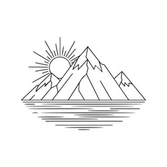 Minimalist Rocky Mountain Icon, Angular Peak with Sun and Sea in Vector Line Art Style
