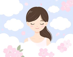 Peaceful woman surrounded by cherry blossoms and clouds