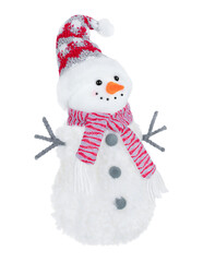 Cute snowman wearing a red knit hat and striped scarf isolated on transparent background. Stock photo.