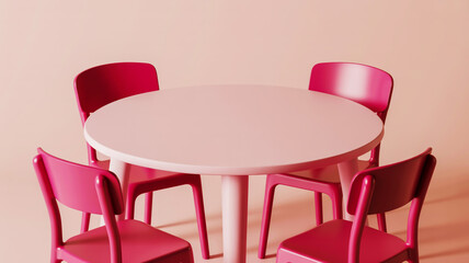 A minimalist product photography composition of a small white round table with four hot pink plastic chairs on a solid light pink background.