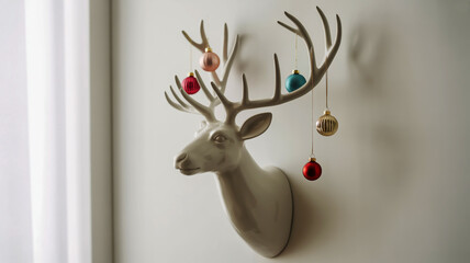 A minimalist white ceramic reindeer head sculpture mounted on a white wall.