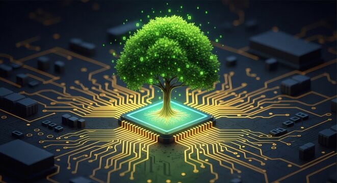 Digital computer circuit board technology with electronic components and microchips for data processing and connection - Powered by Adobe