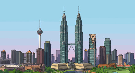 Fototapeta premium Detailed illustrated panorama of a vibrant modern cityscape featuring towering urban landmarks and lush parkland