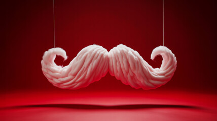 A white Santa Claus mustache photographed against a solid red background.