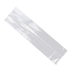 Package of clear plastic straws on a white background.