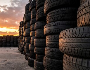 Tires stacked high at sunset