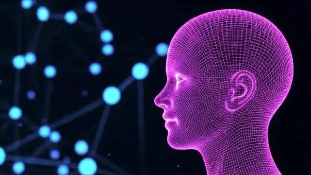 A pink wireframe head in profile with a glowing eye and network background.