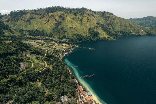 Aerial view of Lake Toba, the biggest caldera in the world, North Sumatra, Sumatra, Indonesia