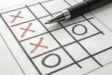 Strategic Play in Progress &ndash; Tic-Tac-Toe Game Visualization, Abstract, Lifestyle, Creativity, X and O Symbols, Pen, Paper