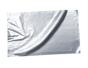 Silver duct tape piece on white background, close-up.