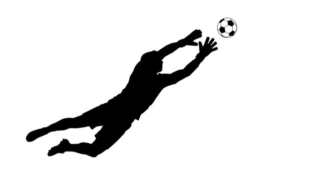 Dynamic silhouette of a soccer goalkeeper diving to catch the ball in a dramatic mid air save against a clean white background