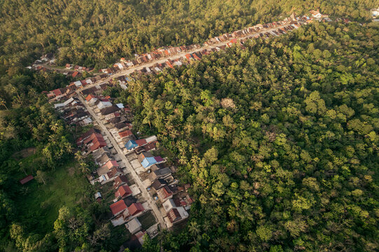 Aerial view of the traditional village of Desa Hilisimaetano in South Nias, North Sumatra, Indonesia