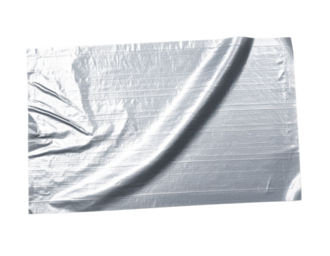 Silver duct tape piece on white background, close-up.