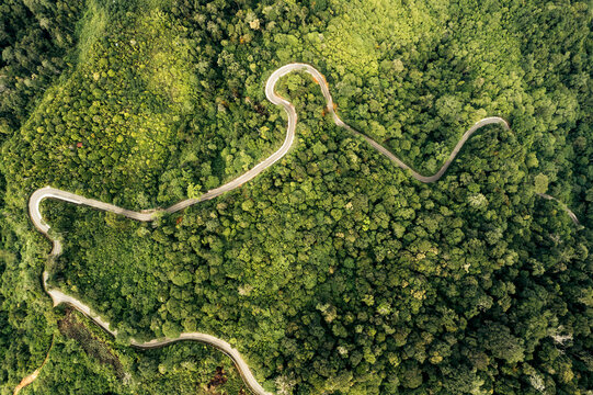 Aerial view of the twisty roads in the jungle of the Nagan Raya Regency, in Aceh, Sumatra, Indonesia