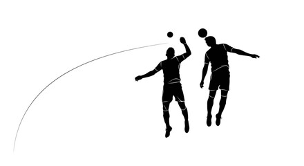 Two black silhouettes of soccer players jumping in the air to head the ball during a competitive match with a white background