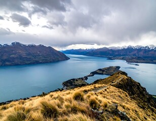 Scenic mountain vista over lake and valley