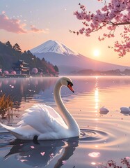 Peaceful swan on a serene lake at sunrise, with cherry blossoms and a mountain in the background