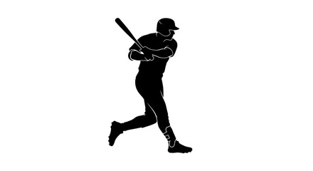 Silhouette of a baseball player in mid swing holding a bat ready to hit the ball during a game on a white background