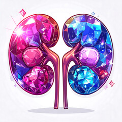 Sparkling gemstone kidneys in vibrant pink and blue with crystalline texture, whimsical medical concept evoking wonder and vitality