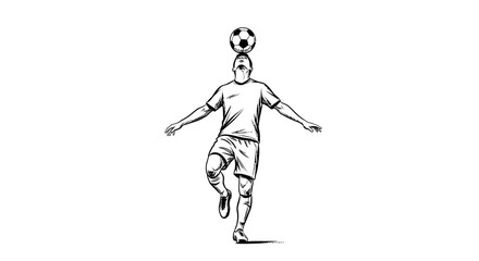 Fototapeta premium Dynamic black and white sketch of a soccer player balancing a ball on his head while standing on one leg with arms outstretched for stability